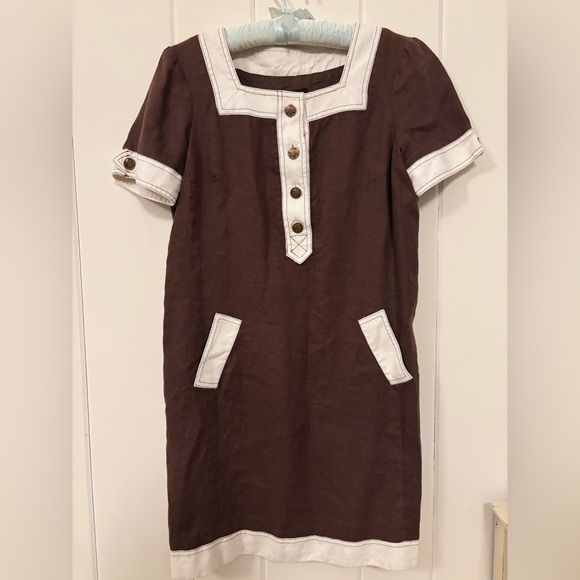 Morgan McFeeters Dresses & Skirts - Vintage 90s Brown & White Linen Boho Granola Square Neck Shift Dress - Medium